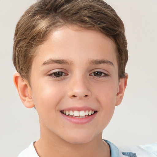 Joyful white child female with short  brown hair and brown eyes