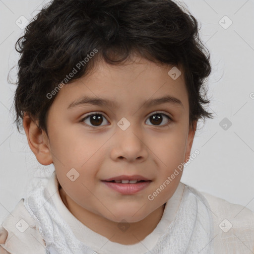 Joyful white child female with short  brown hair and brown eyes