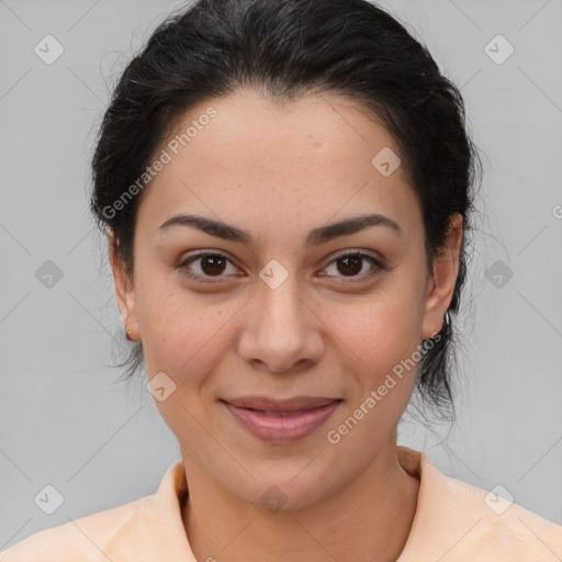 Joyful latino young-adult female with medium  brown hair and brown eyes