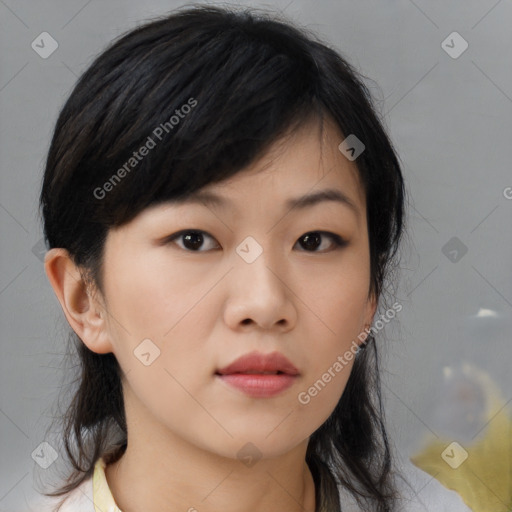 Neutral asian young-adult female with medium  brown hair and brown eyes