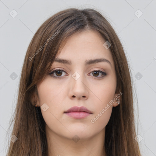 Neutral white young-adult female with long  brown hair and brown eyes