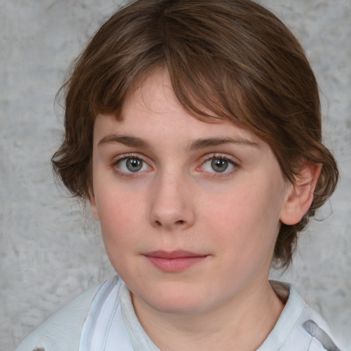 Neutral white young-adult female with medium  brown hair and blue eyes