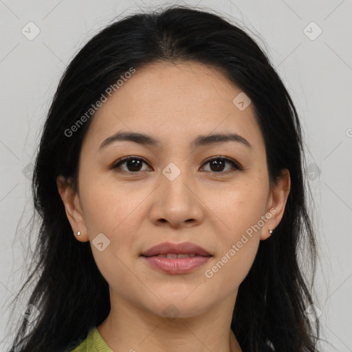 Joyful asian young-adult female with medium  black hair and brown eyes