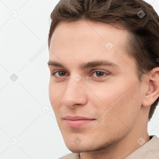 Neutral white young-adult male with short  brown hair and brown eyes