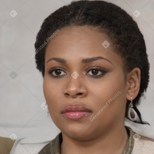 Neutral black young-adult female with short  black hair and brown eyes