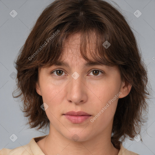 Neutral white young-adult female with medium  brown hair and brown eyes