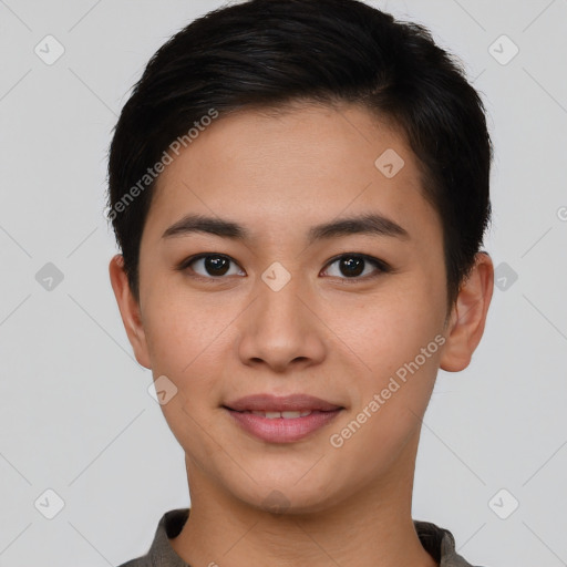 Joyful asian young-adult female with short  brown hair and brown eyes