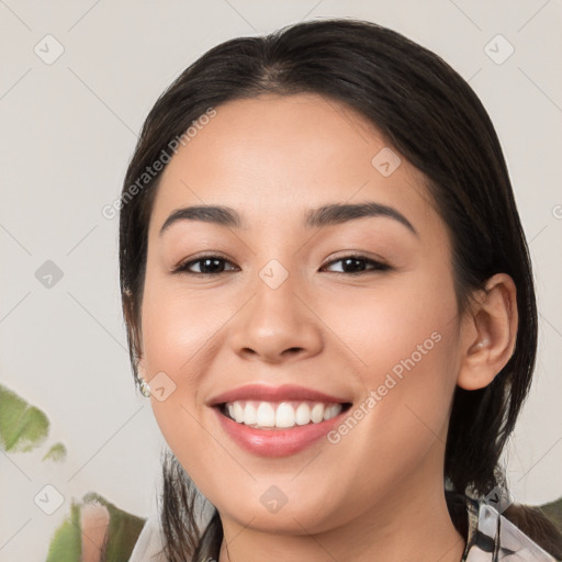 Joyful white young-adult female with medium  brown hair and brown eyes