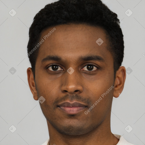 Neutral black young-adult male with short  black hair and brown eyes