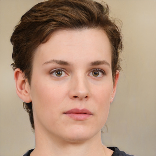 Neutral white young-adult female with short  brown hair and brown eyes