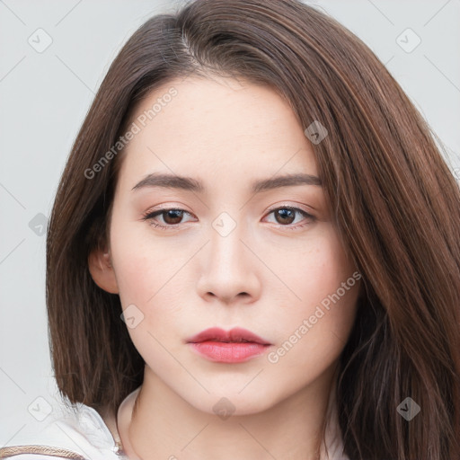 Neutral white young-adult female with long  brown hair and brown eyes