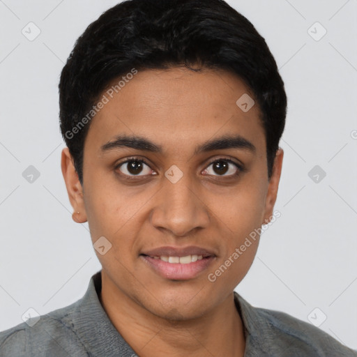 Joyful latino young-adult male with short  black hair and brown eyes