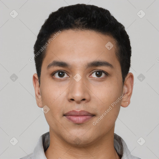 Neutral latino young-adult male with short  black hair and brown eyes