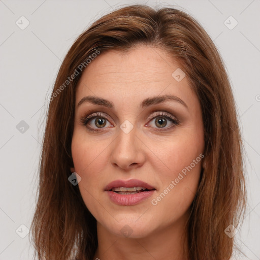 Joyful white young-adult female with long  brown hair and brown eyes