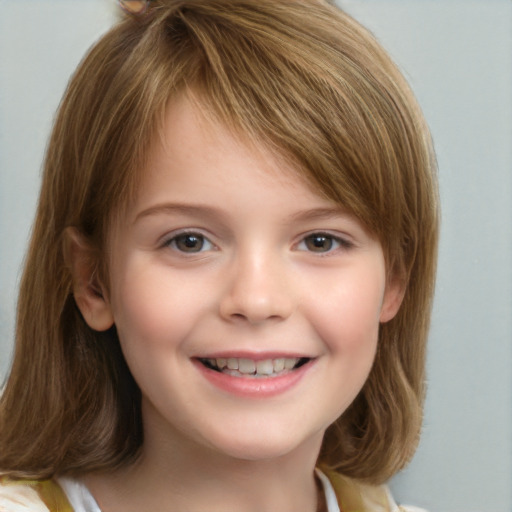 Joyful white child female with medium  brown hair and grey eyes