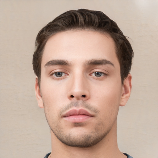 Neutral white young-adult male with short  brown hair and brown eyes