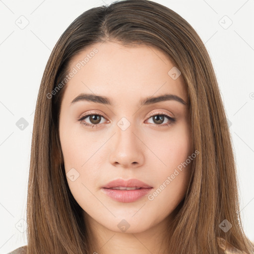 Neutral white young-adult female with long  brown hair and brown eyes