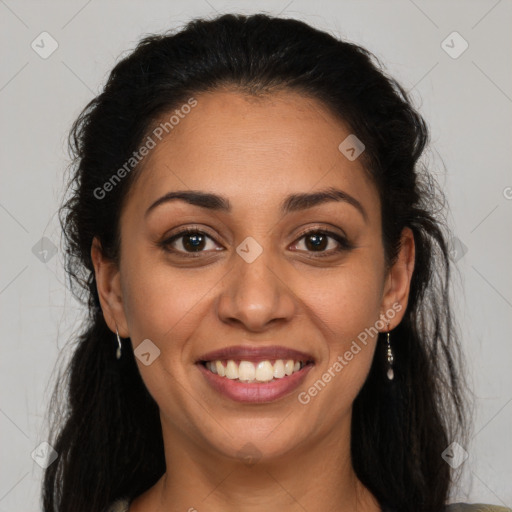 Joyful latino young-adult female with long  brown hair and brown eyes