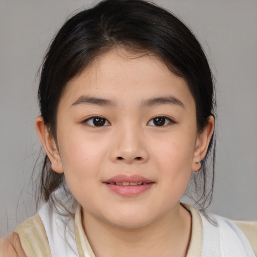 Joyful asian child female with medium  brown hair and brown eyes