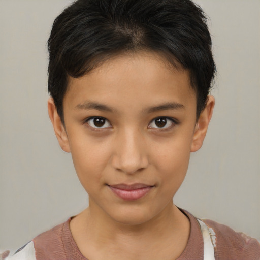 Joyful latino child female with short  brown hair and brown eyes