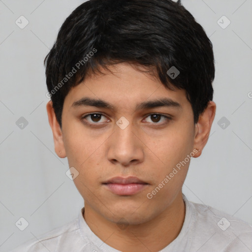 Neutral latino young-adult male with short  black hair and brown eyes