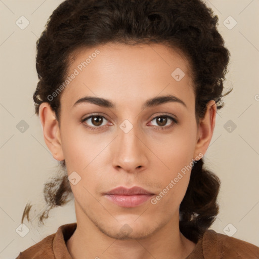 Neutral white young-adult female with short  brown hair and brown eyes