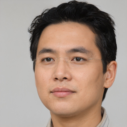 Neutral asian young-adult male with short  black hair and brown eyes