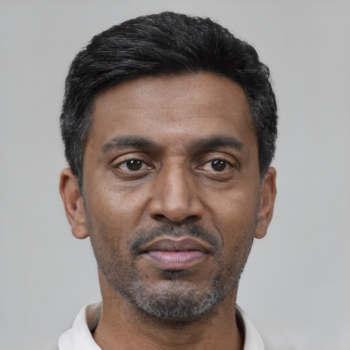 Neutral latino adult male with short  black hair and brown eyes