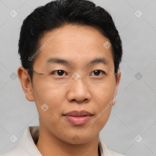 Joyful asian young-adult male with short  brown hair and brown eyes