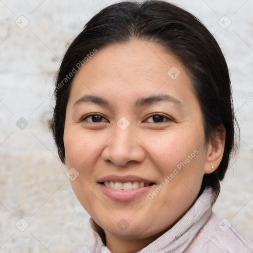 Joyful white young-adult female with medium  brown hair and brown eyes