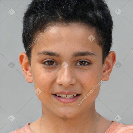 Joyful white child male with short  brown hair and brown eyes