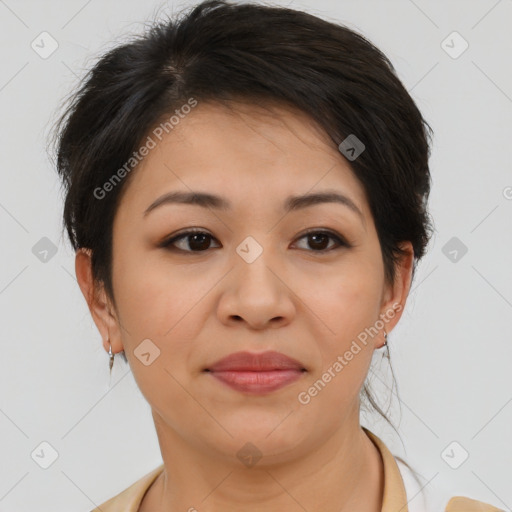 Joyful asian young-adult female with short  brown hair and brown eyes