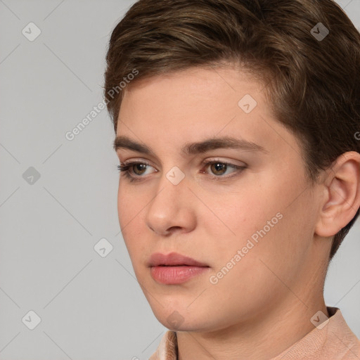 Neutral white young-adult female with short  brown hair and brown eyes