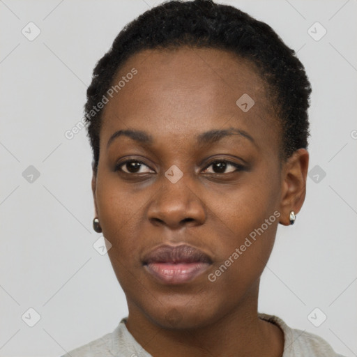 Neutral black young-adult female with short  black hair and brown eyes