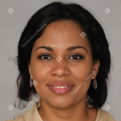 Joyful black young-adult female with medium  brown hair and brown eyes