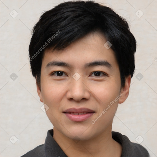 Joyful asian young-adult male with short  black hair and brown eyes