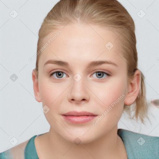 Neutral white young-adult female with medium  brown hair and blue eyes