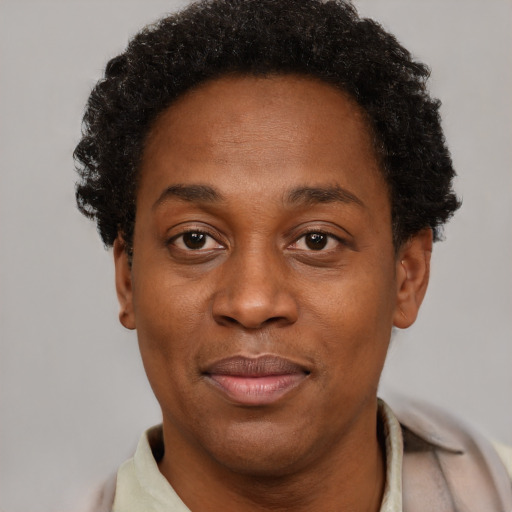 Joyful black adult male with short  brown hair and brown eyes