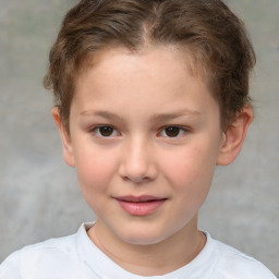 Joyful white child female with short  brown hair and brown eyes