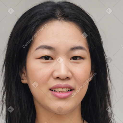 Joyful asian young-adult female with long  brown hair and brown eyes