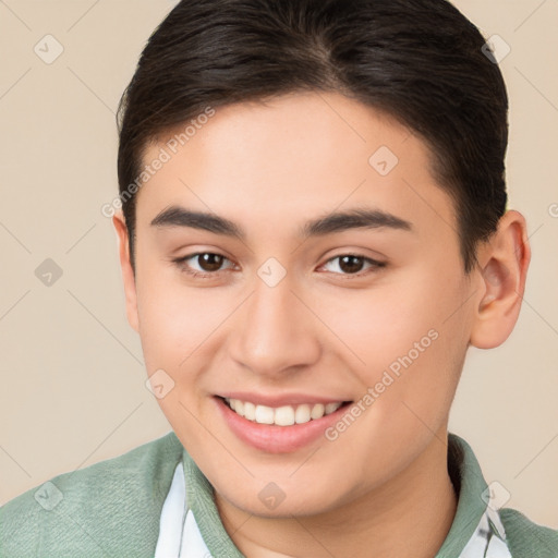 Joyful white young-adult female with short  brown hair and brown eyes