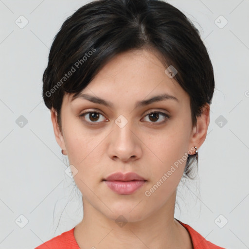 Neutral white young-adult female with medium  brown hair and brown eyes