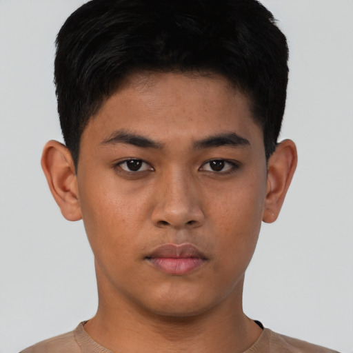 Neutral asian young-adult male with short  black hair and brown eyes