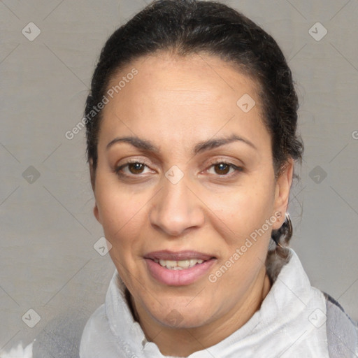 Joyful white adult female with short  brown hair and brown eyes