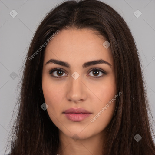 Neutral white young-adult female with long  brown hair and brown eyes