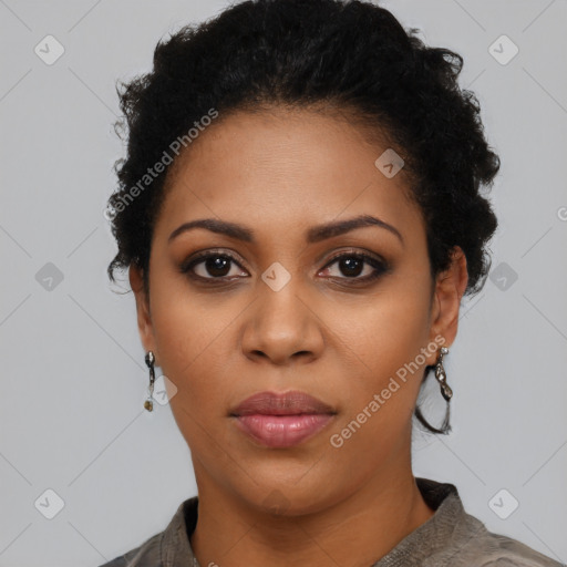 Joyful latino young-adult female with short  black hair and brown eyes