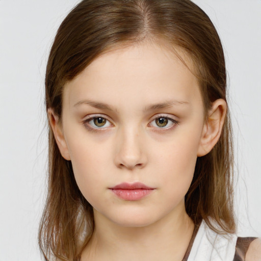 Neutral white child female with long  brown hair and brown eyes