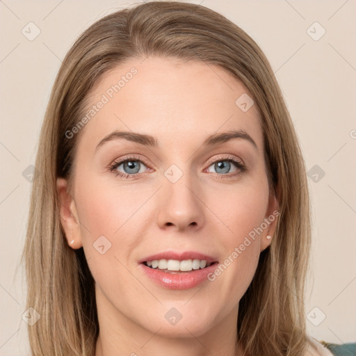 Joyful white young-adult female with long  brown hair and grey eyes