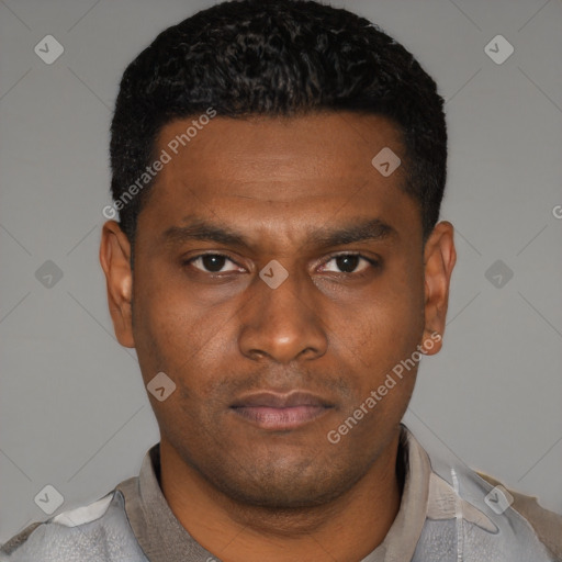 Neutral black young-adult male with short  black hair and brown eyes