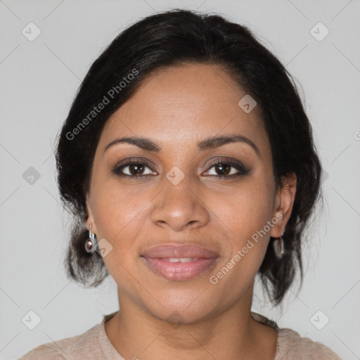 Joyful black young-adult female with medium  brown hair and brown eyes